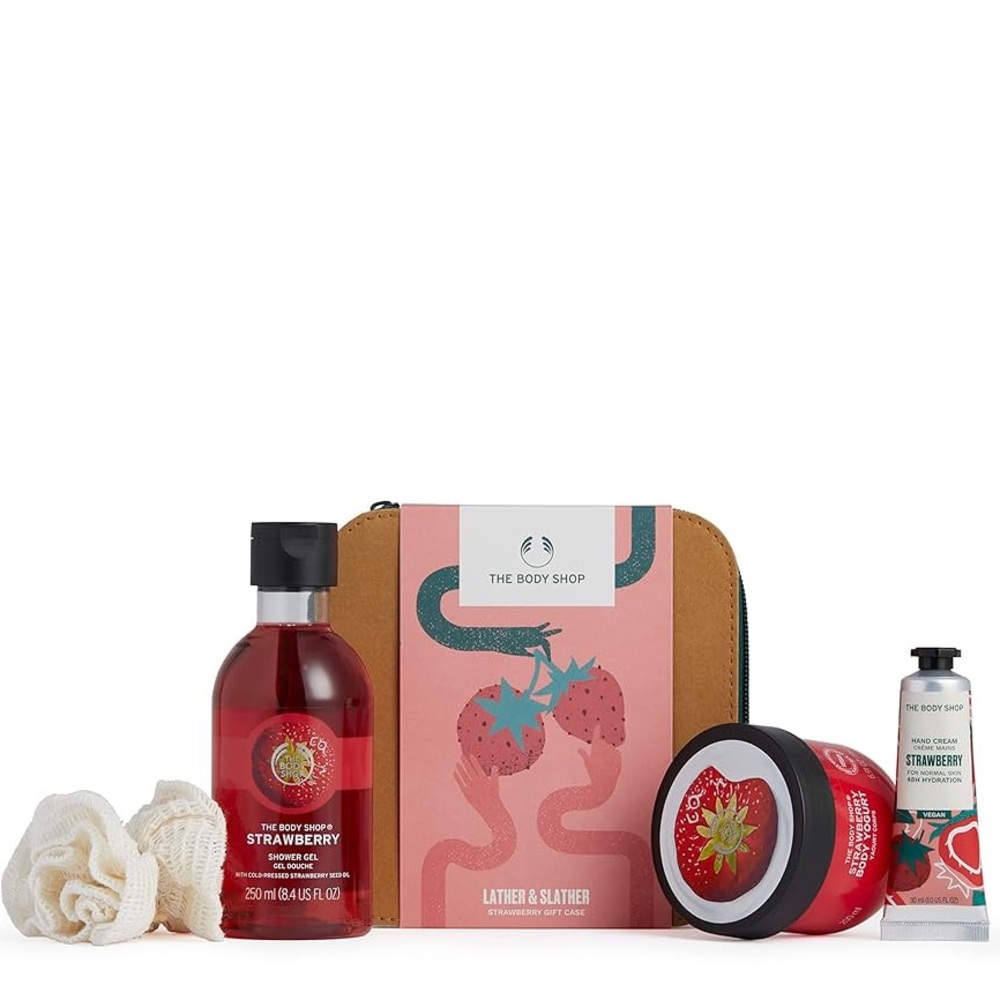 THE BODY SHOP LATHER & SLATHER STRAWBERRY GIFT CASE (NEW WITH TAGS)